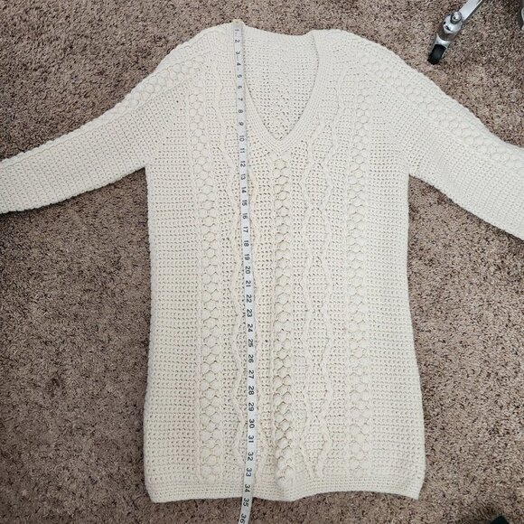 Homemade Chunky Cable Open Knit Cream V Neck Pullover Sweater Tunic Womens S - Picture 9 of 10